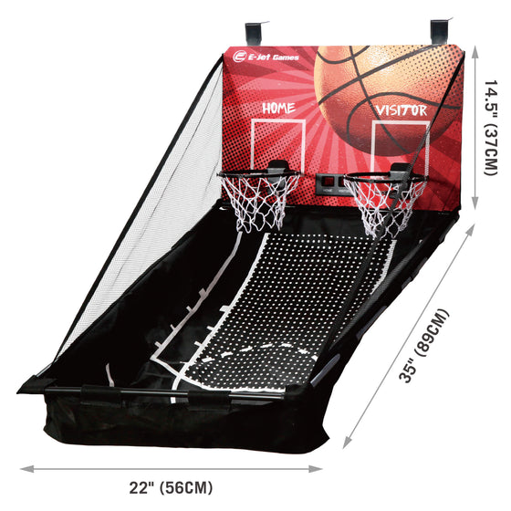 E-Jet Games All-Star Electronic Over-the-Door Basketball Hoop Dimensions Infographic