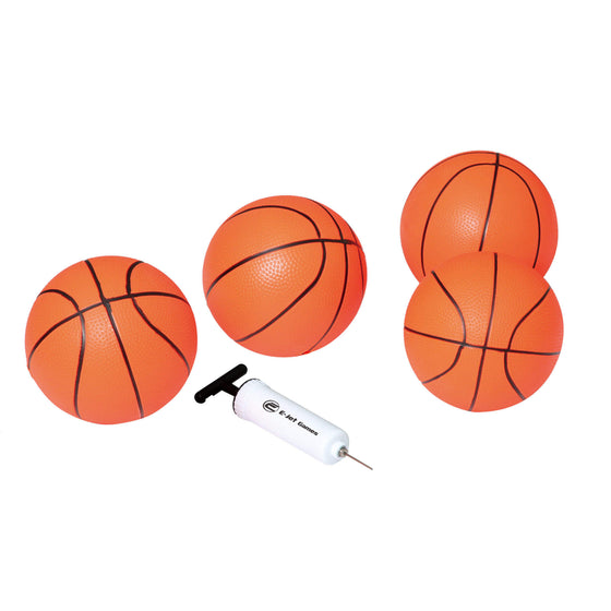 4 small basketballs and pump included with the E-Jet Games Junior Arcade Basketball Indoor Hoop Set